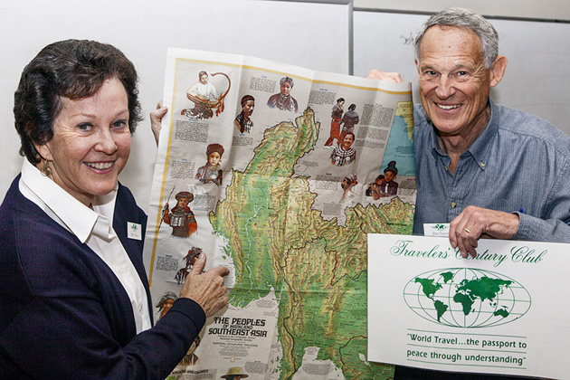 Buzz and Beverly Nason, who gave the Arizona presentation in February, are holding a map of the Peoples of Southeast Asia.