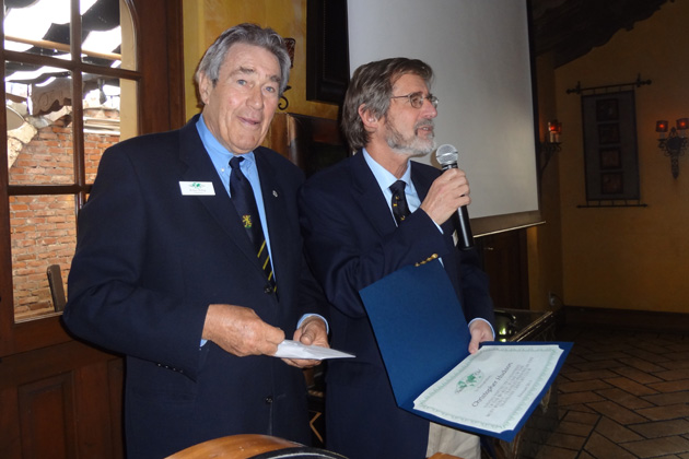 TCC Chairman Klaus Billep presented a  certificate for achieving the Platinum level by visiting 250 or more countries & territories to Past President and current Board Member Christopher Hudson at the March 2013 Southern California meeting in Santa Monica.