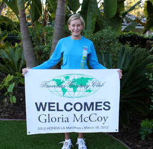TCC Treasure Gloria McCoy is welcomed by TCC Headquarters as she completed last year’s Los Angeles Marathon. She had finished third in her division. It took her four hours and 50 minutes, running from Dodgers Stadium to Santa Monica’s Ocean Avenue.