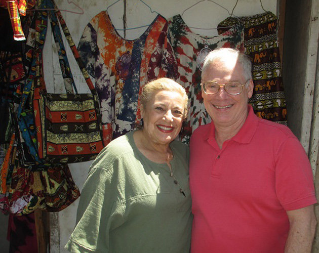Barbara Stein and Ted Cookson in the handicrafts market in Dakar, Senegal, toward the end of their world cruise on Crystal Serenity from Los Angeles to Southampton. Some of the highlights of the 89-day cruise included: a visit to the second-largest Buddha in Japan at Kamakura; an exciting trishaw ride through the streets of Hue, Vietnam; dinner in Singapore's exquisite new Gardens by the Bay; and some interesting touring in Luanda, Angola.