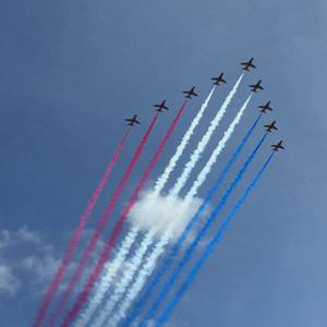 The RAF's Red Arrows flying over London in observance of VE Day