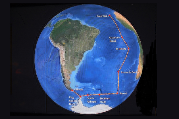 This globe shows the routing of the 35-day cruise.