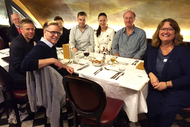Some of the UK members at the April meeting at the Tutton Vaults in London — Nathan Perry, Speaker Gunnar Garfors, Ges Roulstone, Lucy Cooper, Peter Bancroft, Sarka Kinclova from the Czech Republic, Austin Erwin, Coordinator Donna Marsh.